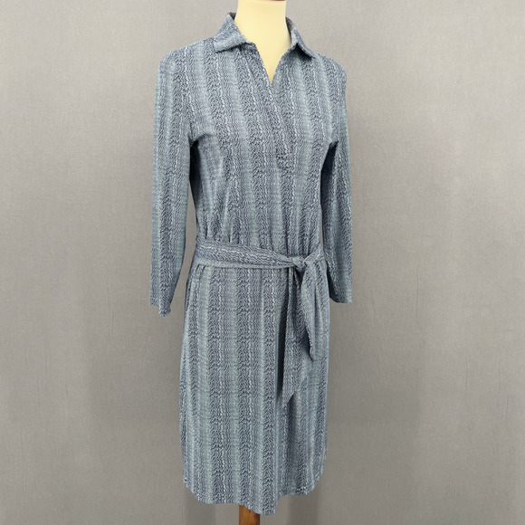 Elle Kai Blue Print Collared 3/4 Sleeve Belted Knee Length Sheath Size Small - Picture 4 of 12